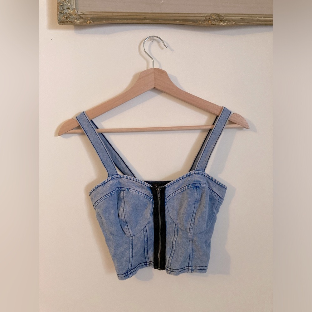 Topshop Blue Faded Denim Look Soft Zip Up Bustier Style Top 100% Cotton Size 4